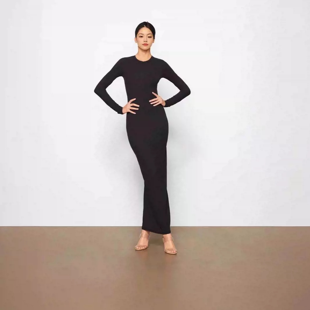 Picture of Sk**S Long-Sleeved Dress Kardashian Round Neck Shaping Slim Home Bottoming Long Dress Winter Elegant