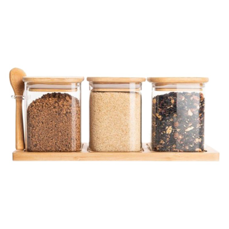 Picture of Light Luxury Kitchen Supplies Seasoning Jar Full Set Household Glass Jar Wooden Spoon Sealed Jar Combination Three-piece Seasoning Bottle