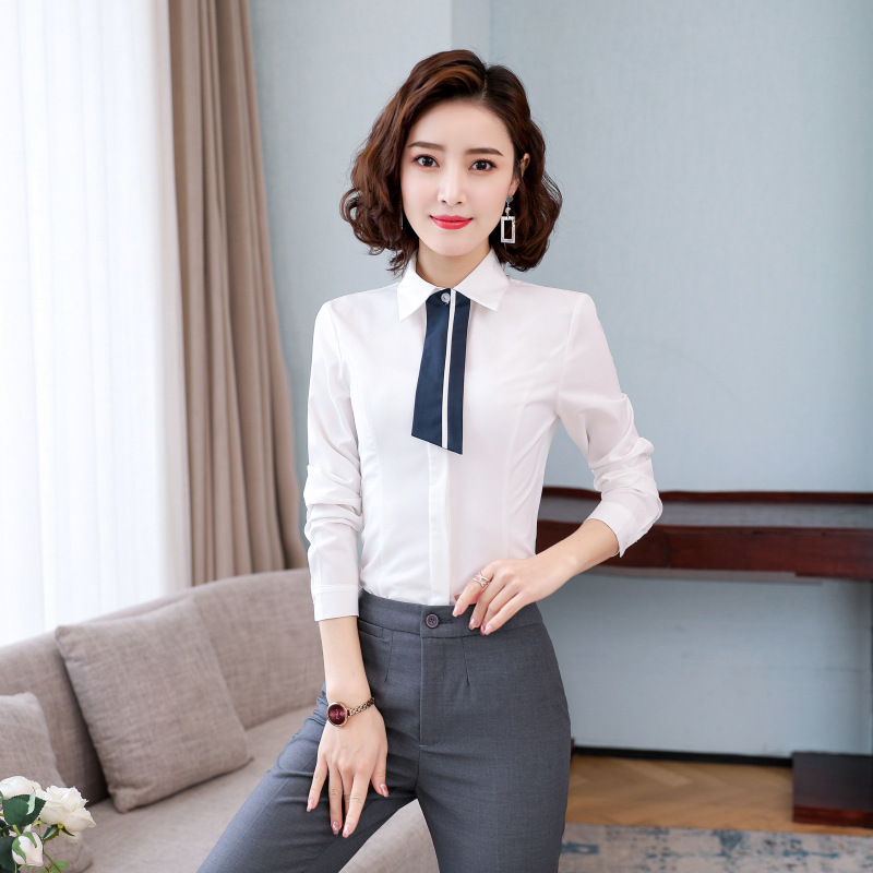 Long-Sleeved Shirt Women's Professional OL Women's Dress 2022 New Korean Slim-Fit White Shirt Bow Collar Work Clothes