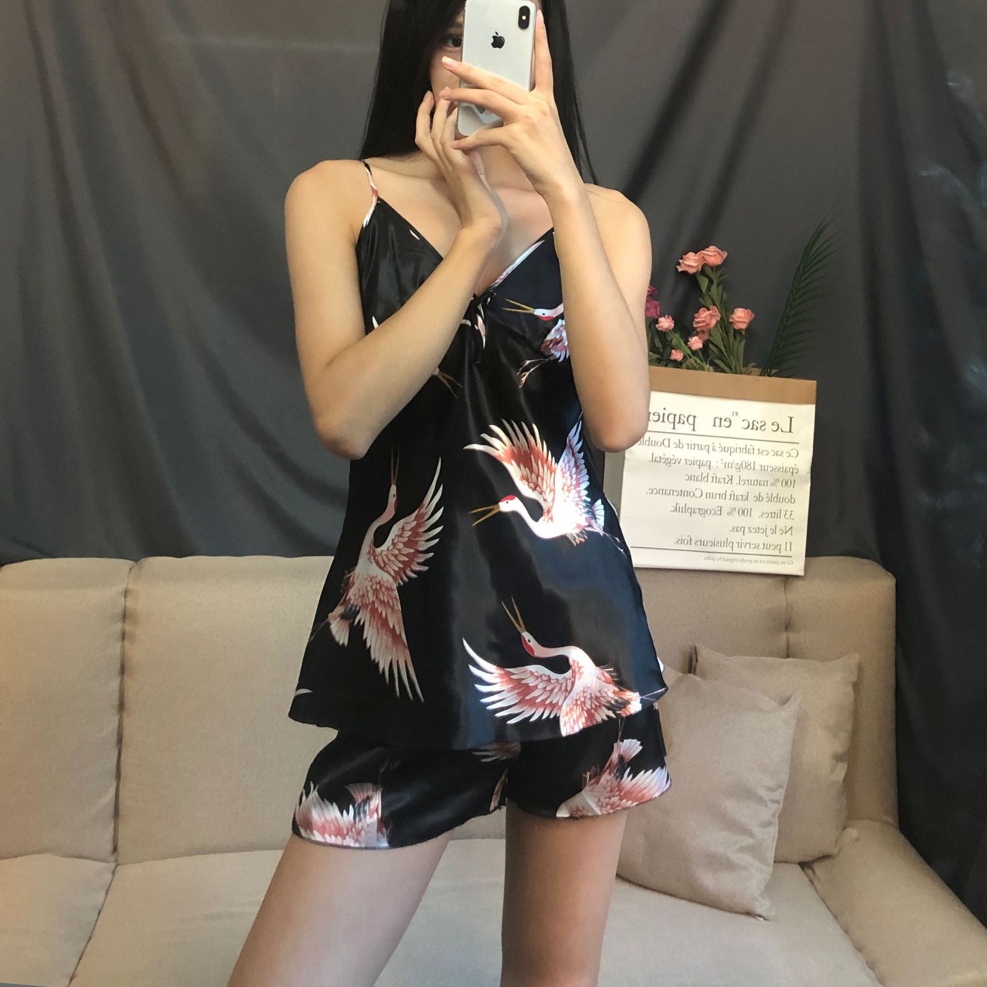 Picture of Cross-border crane nightgown shorts large size suspender skirt set ice silk nightgown set factory outlet