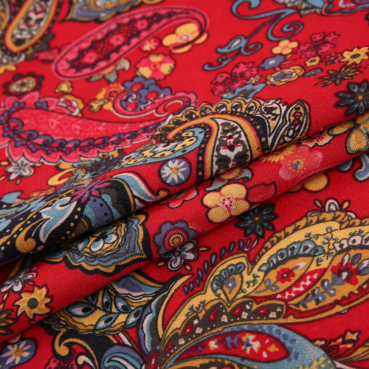 Picture of Hemp Cotton Digital Printing Fabric Floral Fabric Pastoral Style Fabric Ethnic Style Vintage Floral Skirt dress