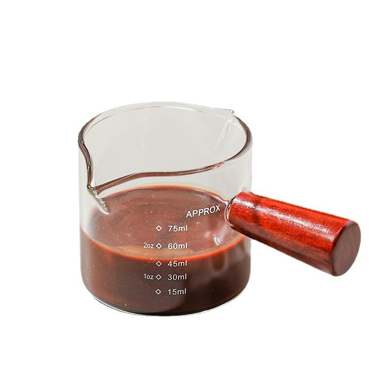 Picture of Wooden handle glass small Milk Cup espresso cup scale measuring cup double mouth sharing pot latte cup Mini Milk Jar