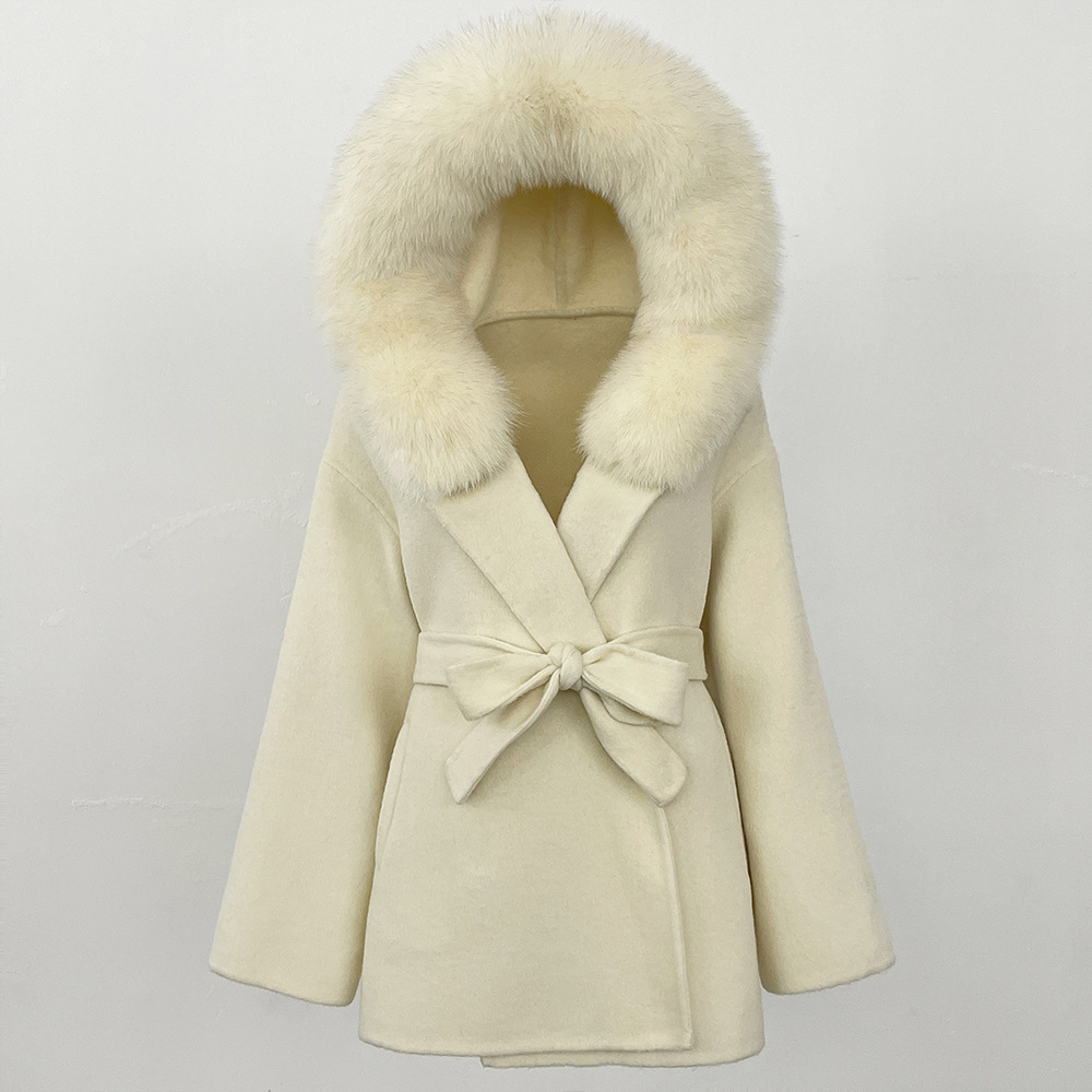 Picture of New Hooded Color-Blocked Fox Fur Collar Autumn and Winter Double-Sided Wool Outwear Women's Cloak Waist Thickeneded Woolen Outwear