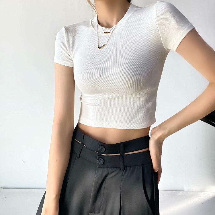Picture of YPFF new summer color slim-fit short-sleeved round neck bag chest T-shirt sports fitness solid color short navel top