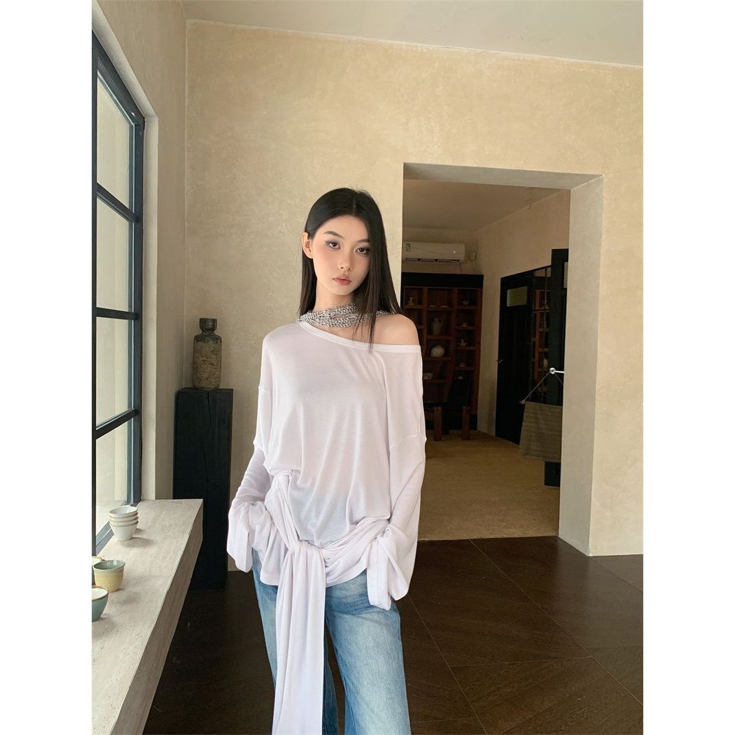 White Shoulder Collar Thin Strap Long-sleeved T-shirt Women's Autumn Pure Desire Style Sexy Spice Girl Design Sense Micro-transparent Top