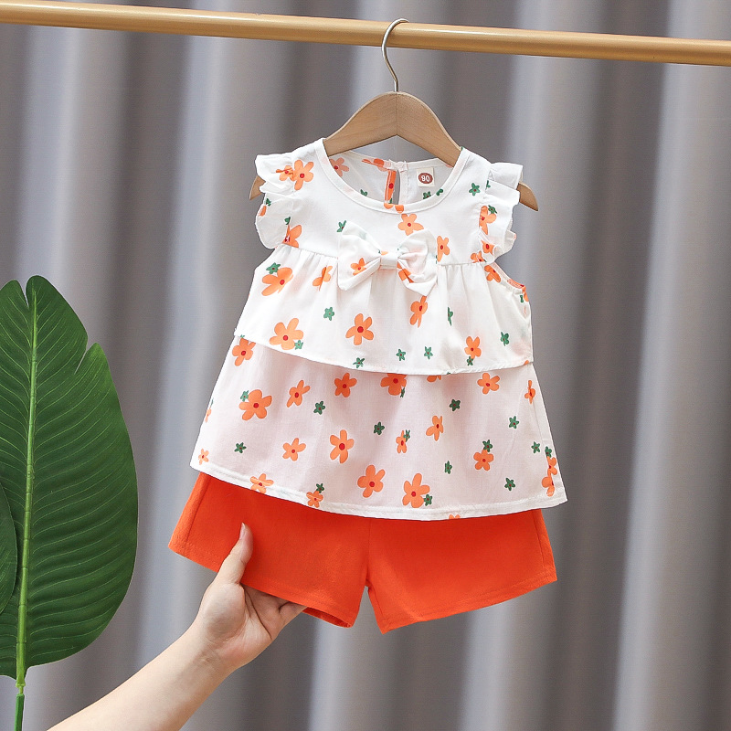 Girls Summer suit Summer New Cute Fried Street Full Printed Bow-tie Vest Shorts suit Cute