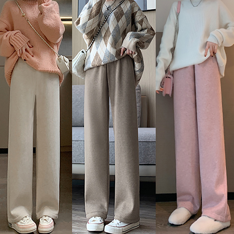 Fall/Winter fleece-lined Cashmere Wide-leg Pants Women's Fall/Winter High Waist Casual Pants Cross-border 2025 New Knitted Straight-leg Pants