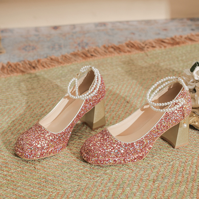 Picture of Xinyue 568-X10 Waterproof Platform High Heels Thick Heel Square Toe Flats 9cm Small Height Increasing Sequin Pearl Chain