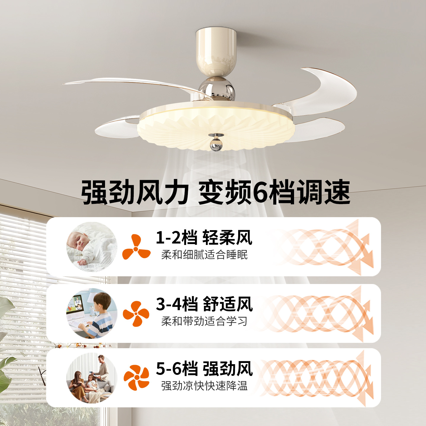 Picture of French Medieval Walnut Color Fan Lamp Restaurant Bedroom Silent Fashion Retro Eye Protection Creative Ceiling Fan Lamp 412L