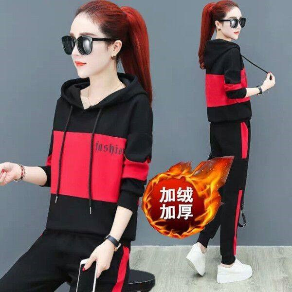 Fleece-lined thickened autumn and winter New running sports suit women's casual loose hooded sweater plus size two-piece set