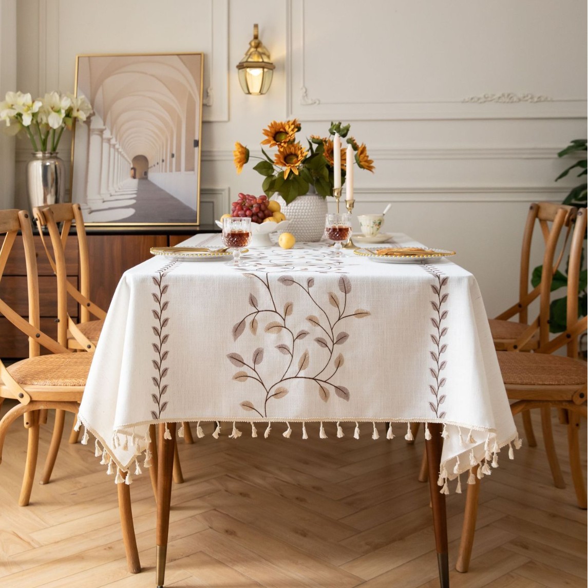 Picture of Rectangular Dining Table Fabric European-style Simple Embroidered Tablecloth Cotton and Linen Artistic Courtyard Outdoor Dining Table Mat Dust-proof and Dirty-resistant