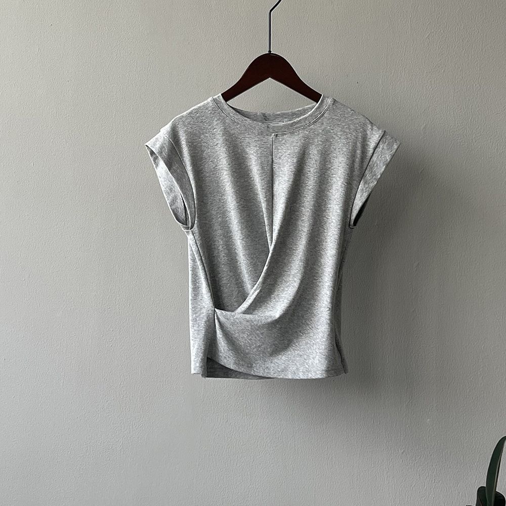 Picture of Designed Cross-Waist Asymmetrical Small Flying Sleeve T-Shirt for Women Summer New Pleated Slim Short Modal Top