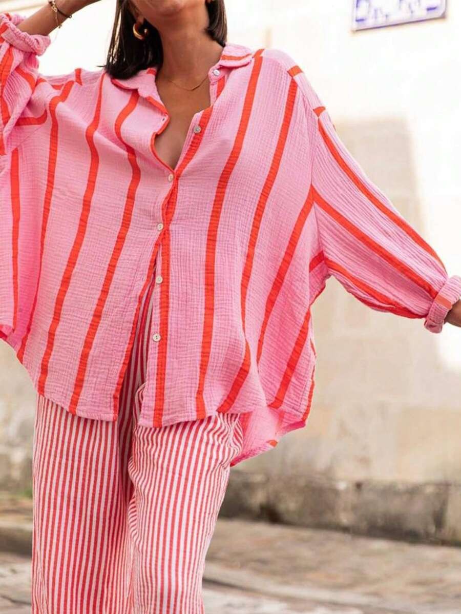 2025 European and American Cross-Border Independent Station Autumn and Winter New Long-Sleeved Button Cardigan Women's Stripesd Shirt Women's Retro Stripes