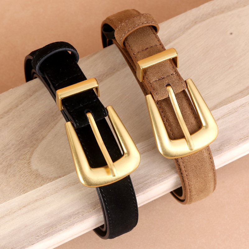 2024 new belt female cattle velvet Joker high sense fashion personality pin buckle women's belt factory in stock