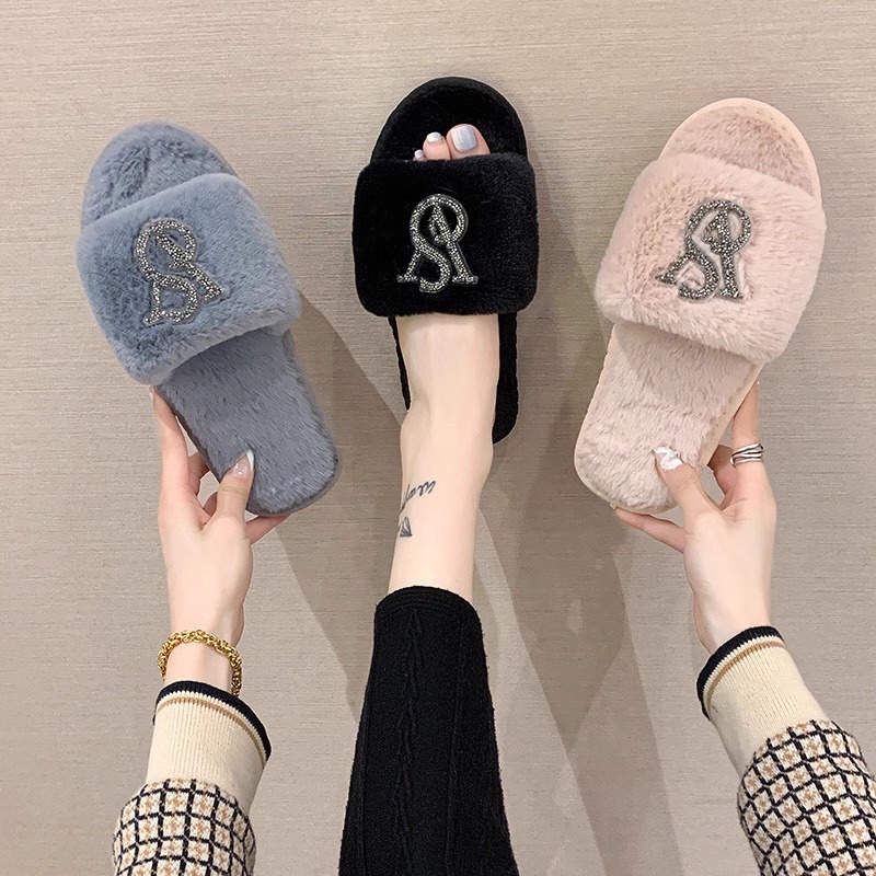Mao Mao Slippers Women's Autumn and Winter Plush Slippers Home Indoor One-word Soft Bottom All-match New Fashionable Brand Cotton Slippers