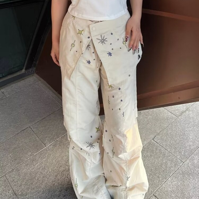 Loose Wide-Leg Slimming Cargo Casual Pants for Women, Summer High-Waisted American-Style White Straight-Leg Long Pants with Star Design, Floor-Length