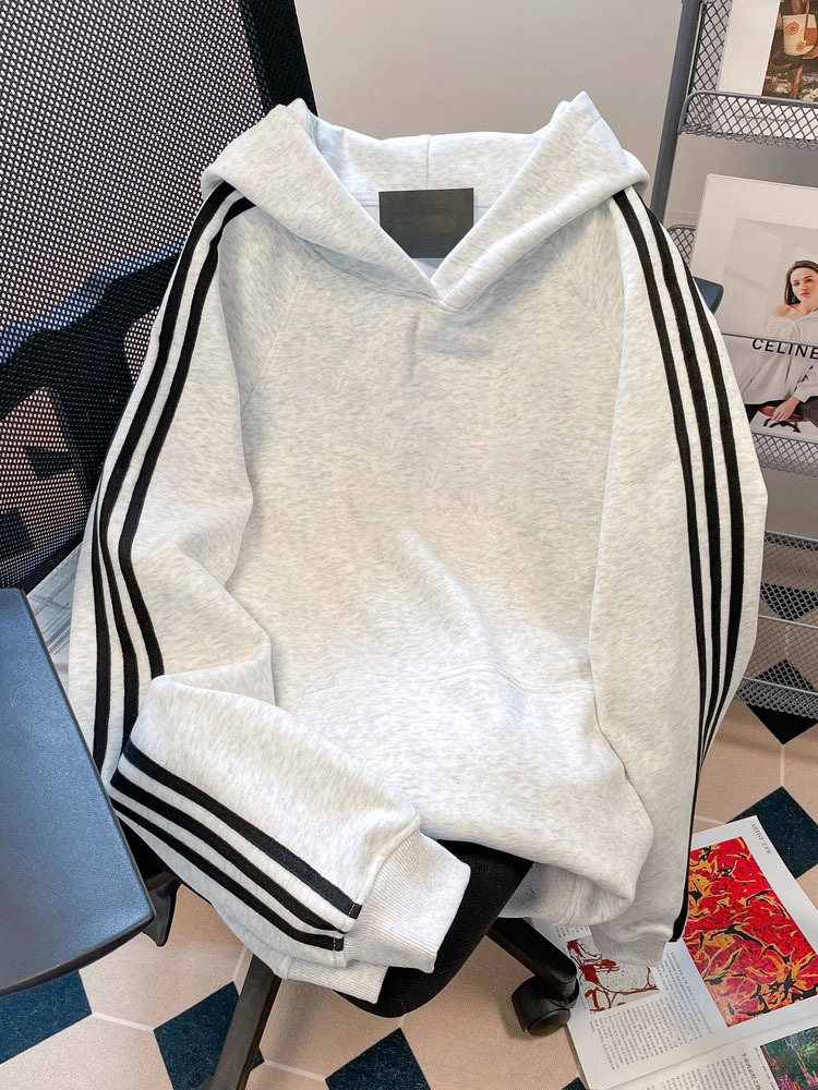 National Trend American Three-Stripe Letter Hooded Sweatshirt for Men and Women in Autumn and Winter Fleece-Lined and Thickeneding Large Size Heavyweight High Street Couple Outerwear