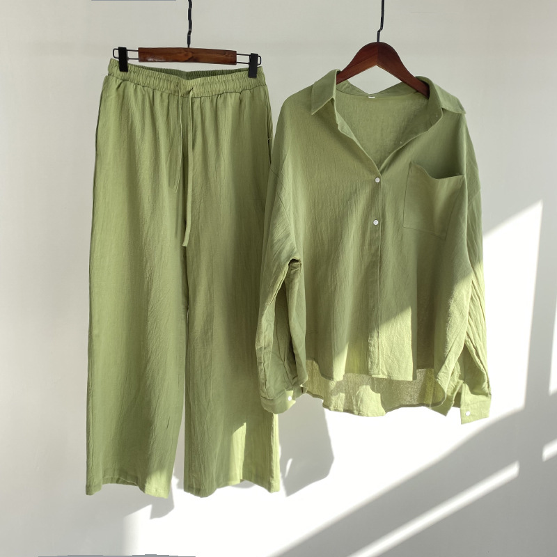 Picture of Cross-border Amazon Women's 2-piece Vintage Plus Size 2022 Cotton and Linen Shirt suit High Waist Loose Trousers