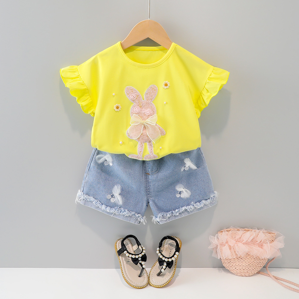 2024 Girls Suit Summer Short Sleeve Denim Shorts Two-Piece Set Western Style Casual Cartoon Rabbit Short Sleeve Shorts Trendy