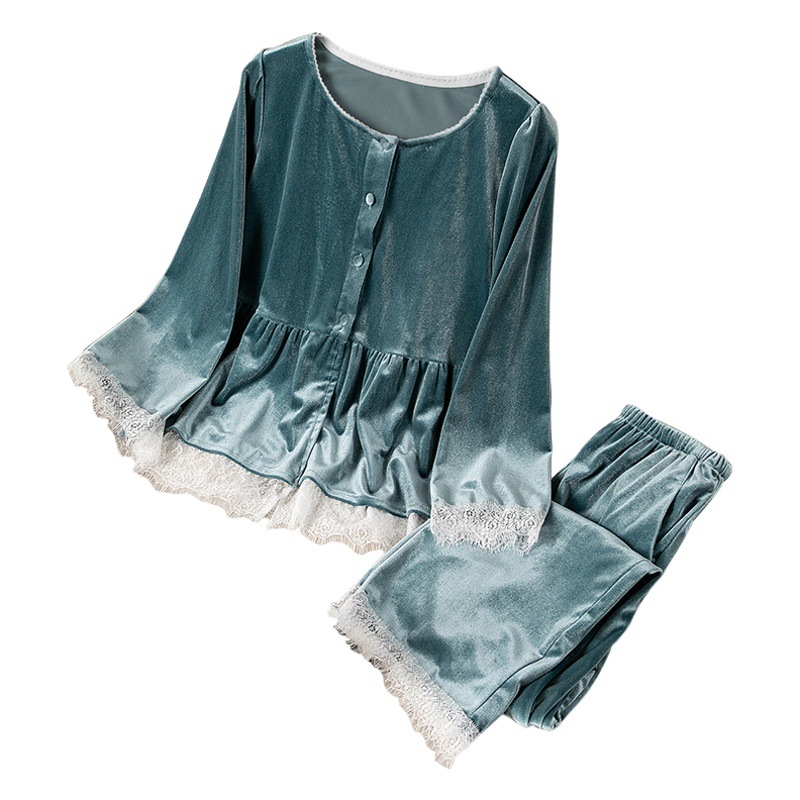 Gold Velvet pajamas women's autumn and winter long-sleeved trousers two-piece set autumn and winter Internet celebrity round neck cardigan home wear can be worn outside