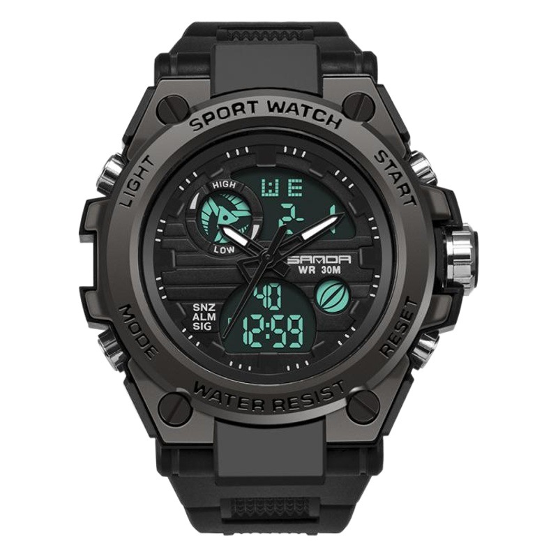 Sanda's Popular Large Dial Tactical Watch for Male Students, Fashionable and Trendy Multi-Functional Dual Display Sports Waterproof Electronic Watch