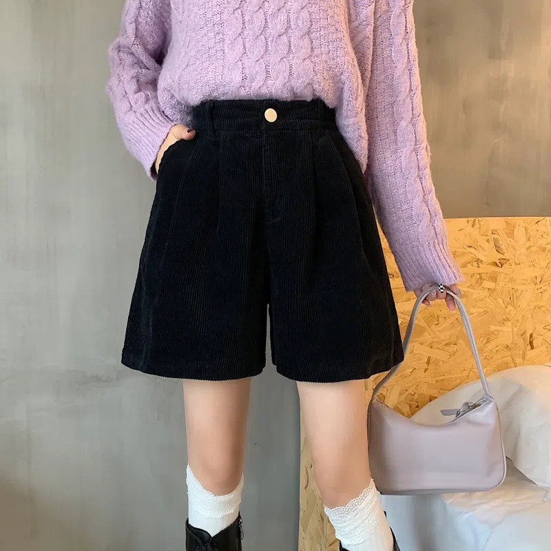 Picture of Autumn and Winter Corduroy Shorts for Women Plus Size Fat m Elastic High Waist Slim Outer Wear A-Line Wide Leg Pants Black Casual Boot Pants