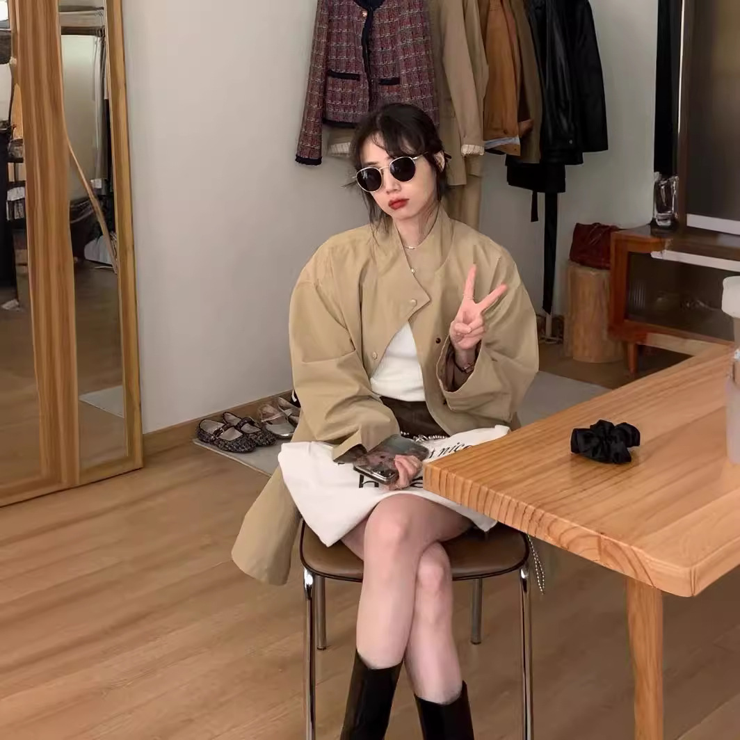 Picture of South Korea minimax style early autumn new coat stand collar loose casual jacket retro lazy long trench coat women,