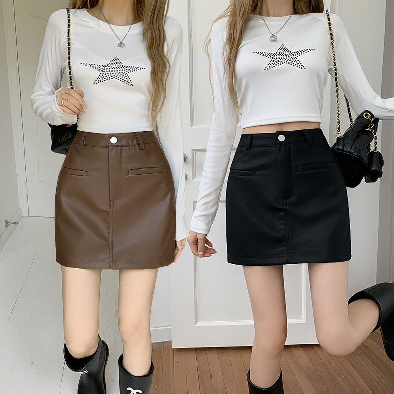 Black High Waist pu Leather Skirt Women's Autumn and Winter New Short Skirt All-match Slimming Skirt A- line Hip Skirt