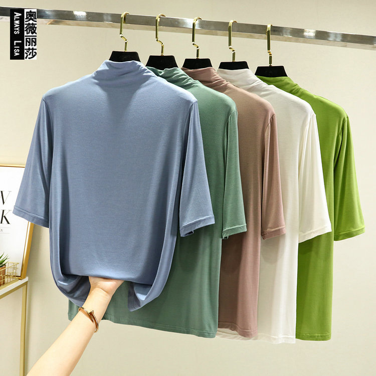Early Autumn New Pure Color Basic Half Turtleneck Mid-Sleeve Bottoming Shirt for Women Modal Cotton Versatile Three-Quarter Sleeve T-Shirt Top
