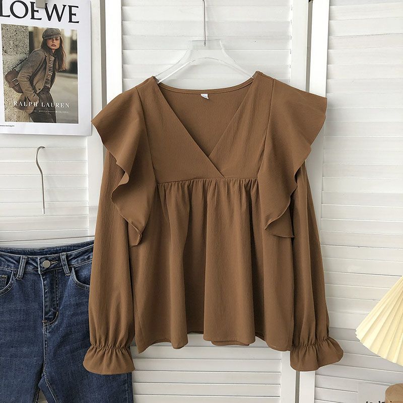 Picture of Autumn 2022 Korean-style Retro All-match Loose V-neck Ruffled Long Sleeve Outer Wear Solid Color Doll Shirt Top