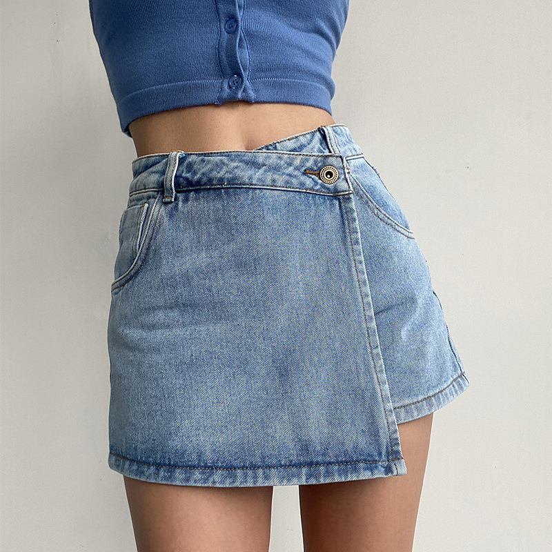 Plus size summer chubby girl high waist A- line short skirt women's slimming versatile anti-exposure irregular Denim skirt