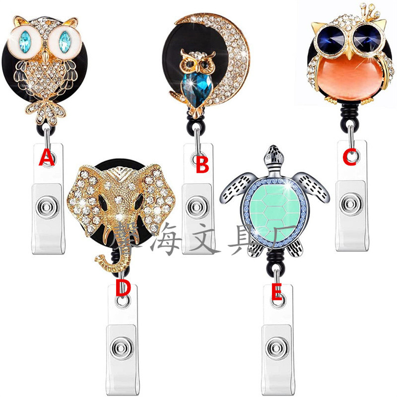 Crystal Owl Elephant Turtle Badge Scroll with Crocodile Clip Id Card Chest Card Holder Employee Id Holder