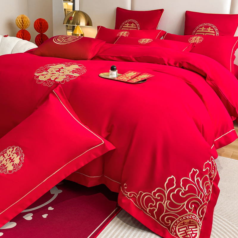Picture of Comfortable Washed Thickeneded Brushed Wedding Embroider Four-Piece Set Red Wedding Quilt Cover Four-Piece Fitted Sheet Set