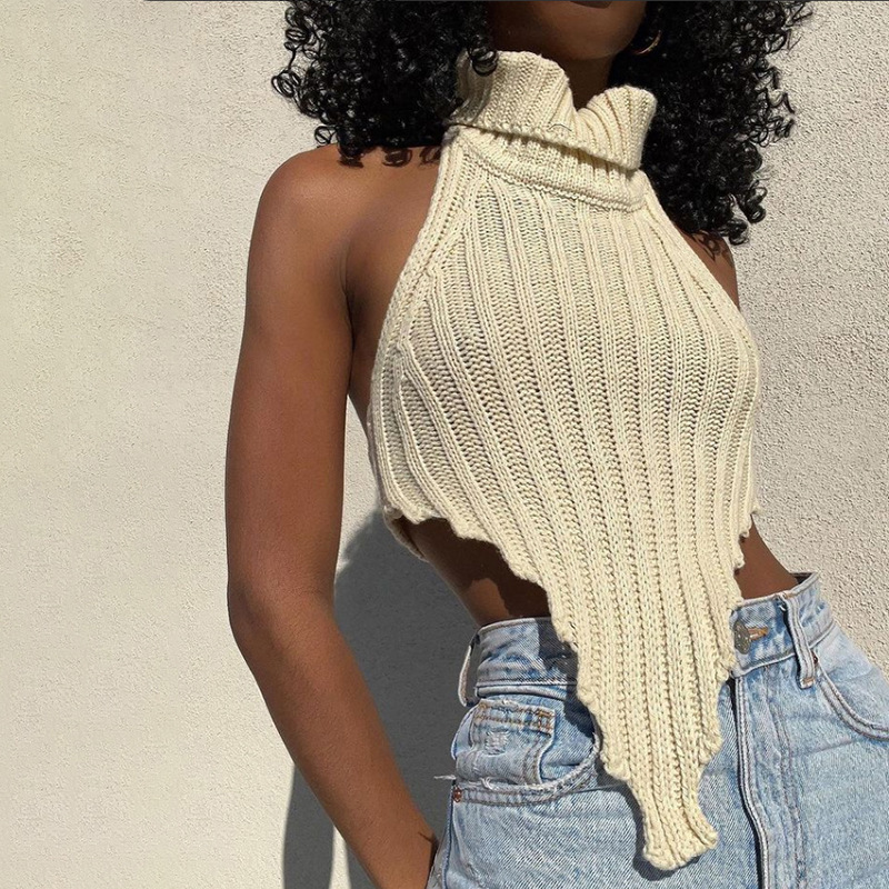 2025 Cross-Border Spring and Summer New Amazon Aliexpress Popular High Collar Asymmetrical Sexy Backless Woolen Vest