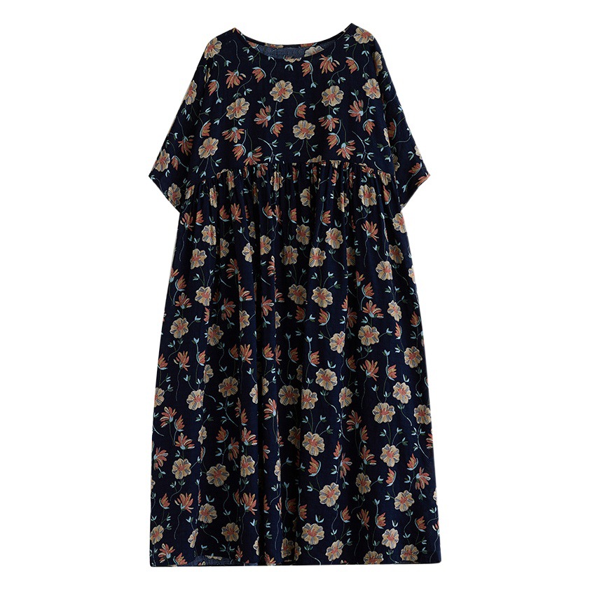 Super Fat Plus Size Women's Extras Size Summer Retro Slimming Loose Short-sleeved Belly-covering Long Printed Dress for Chubby Girls