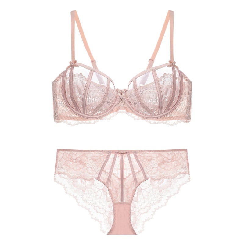 French Style Lace Large Size Bra Underwear Anti-sagging Underwear Set Women's Sexy Ultra-thin Large Chest Small Bra Bra