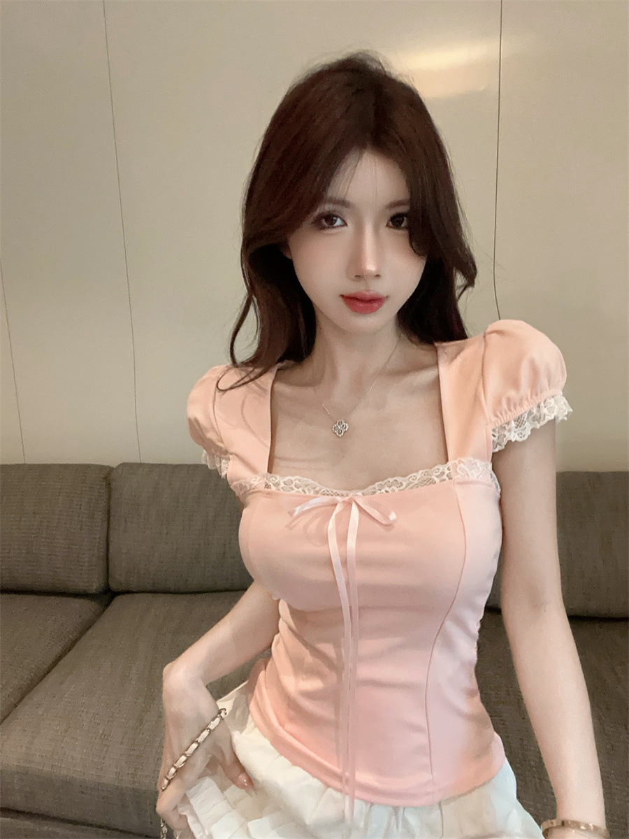 Pure Sweet Spice Girl Puff Sleeve Fish Bone Top Women's Summer Slim-fit Pink Square Collar Lace Stitching Chic Short Sleeve T-shirt