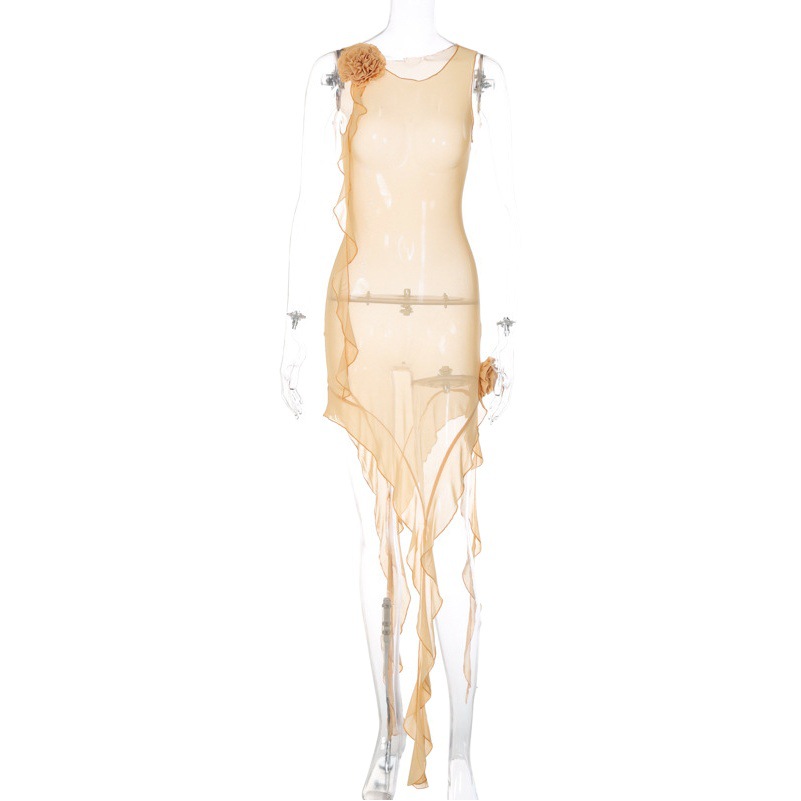 European and American Cross-border Bars and Nightclubs Perspective Mesh dress Sexy Stitching Ear Edge dress