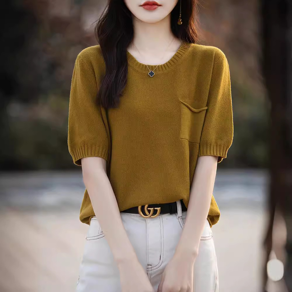 Summer New Knitted Short-sleeved Women's Round Neck with Pocket Artistic Style Top Loose All-match Comfortable Breathable Half-sleeved Women
