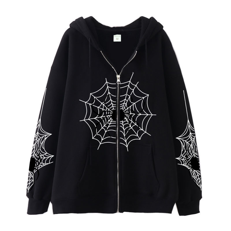 2025 cross-border spider web zipper foreign trade sweater street tide spring and autumn hoodie American retro casual coat women