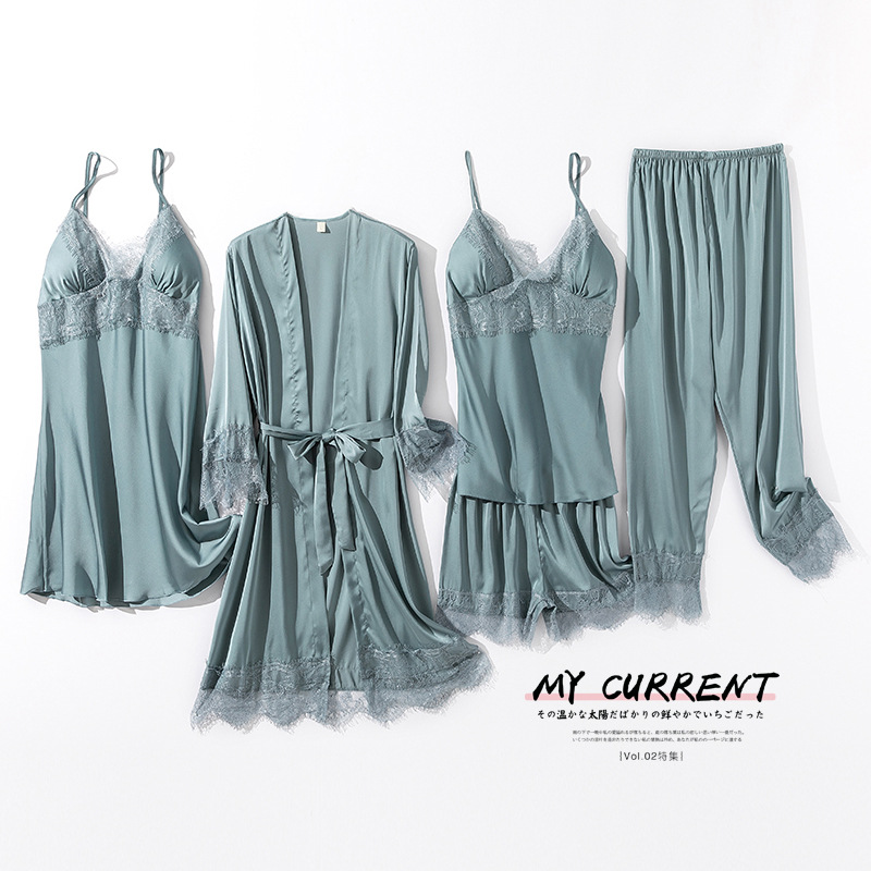 Pajamas Women's Summer New Ice Silk Pajamas Five-piece Set Comfortable Sexy Lace Lace Home Clothes Set Wholesale