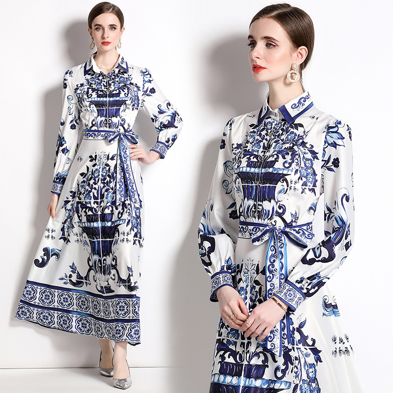 European and American fashion women's in stock all-match waist blue and white porcelain printed long sleeve retro dress belt