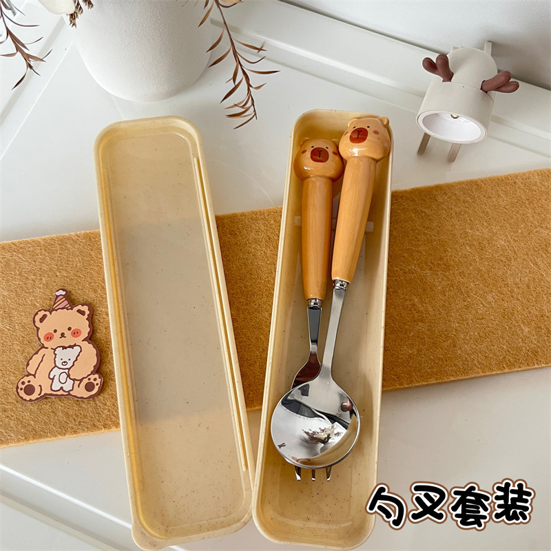 Picture of Ceramic Handle Cute Cartoon Skin Spoon Chopsticks suit Portable Tableware Cartoon Spoon Fork for Students