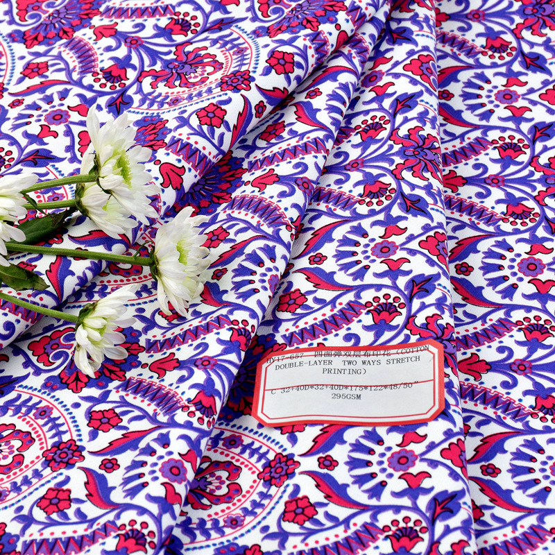 Cotton Four-sided elastic printed woven cotton elastic double-layer cloth warp and weft double elastic fabric autumn and winter casual wear fashion