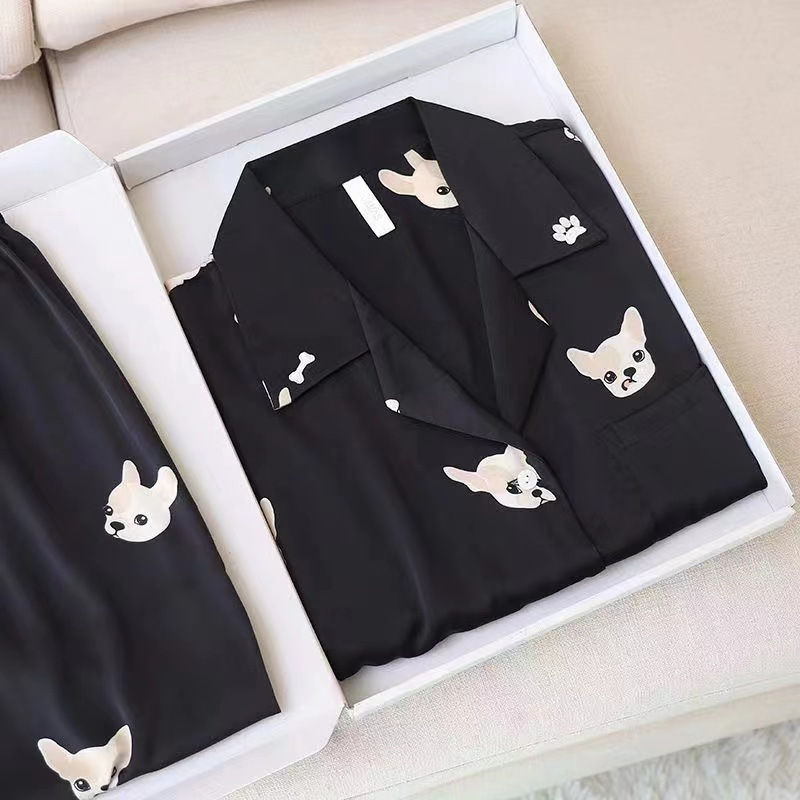 Zhou Shen Bai Lu same style ice silk pajamas Women's Spring and Autumn long sleeve artificial silk simple French bucket small milk dog home wear suit