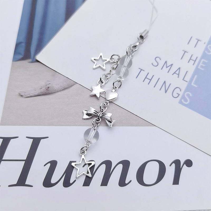 Japanese and Korean Style ins Style Sweet Girl's Heart Silver Star Bow Mobile Phone Chain Simple All-match Goo Card Pendant