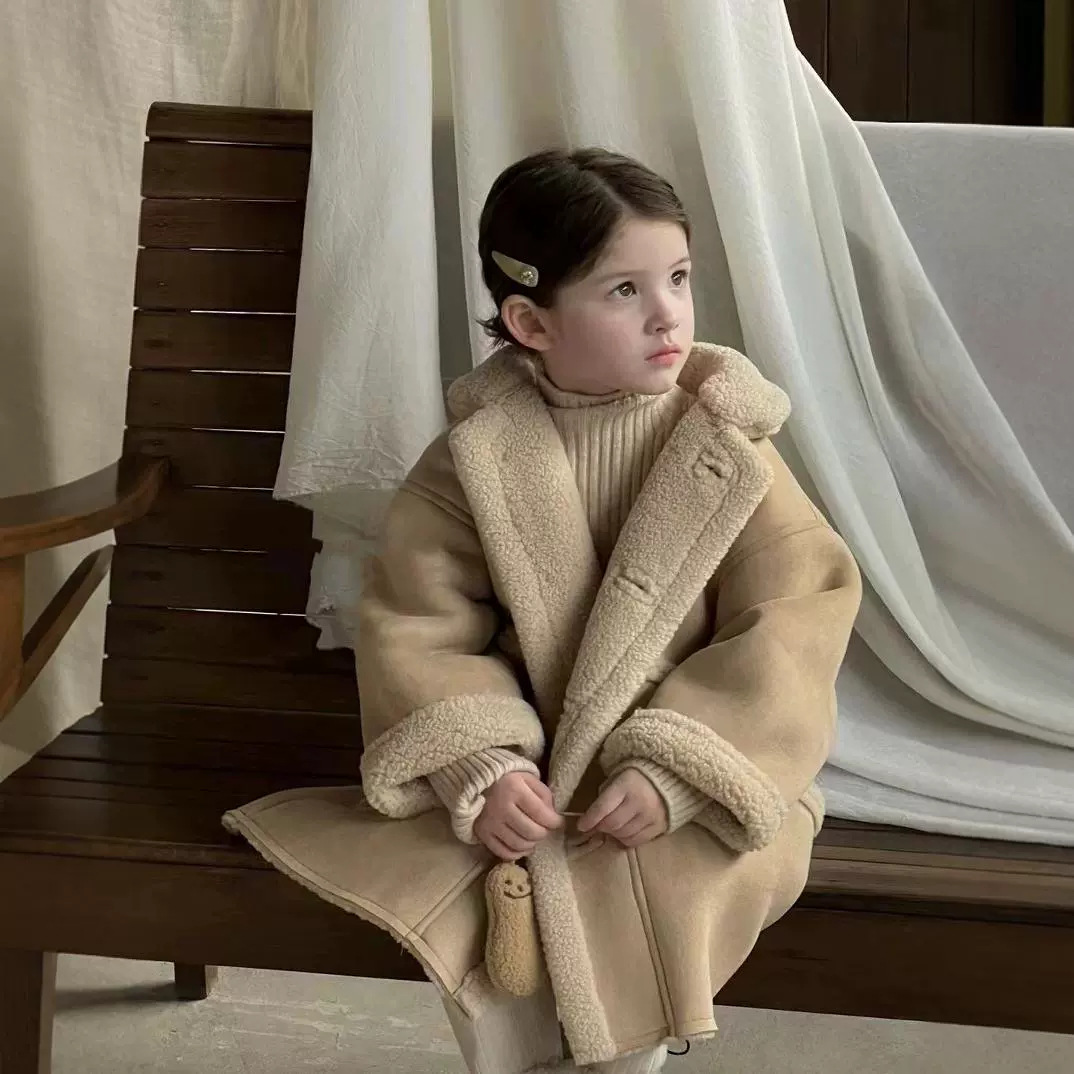 Girls' Thick Lamb Wool Composite Suede Camel Warm Coat Outerwear 2025 Winter New Foreign Trade