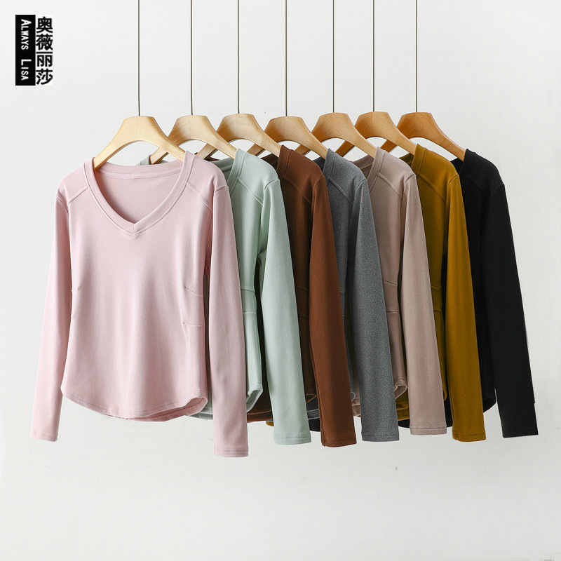 New de Velvet V-neck long-sleeved T-shirt women's autumn and winter inner wear plus size bottoming shirt versatile fleece-lined thick heating top
