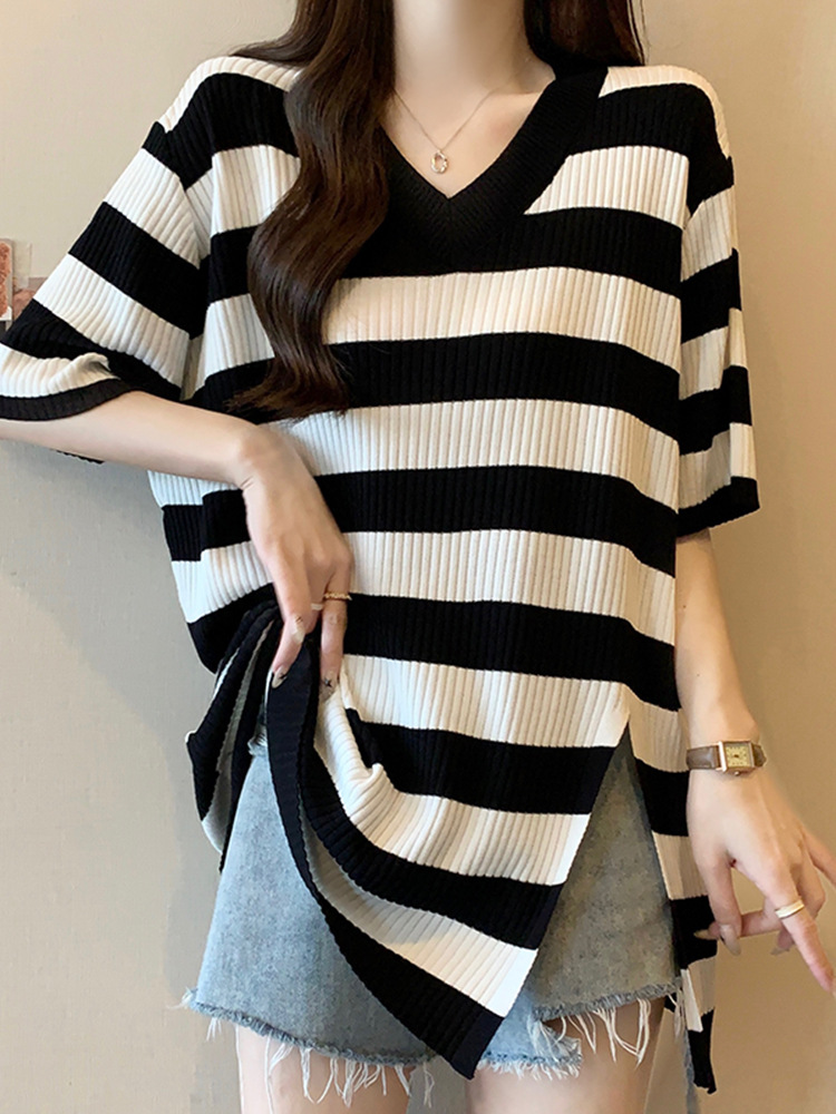 plus size Mid-length V-neck Striped Short-sleeved T-shirt Women's Summer chubby girl Loose Slimming Back Covering Ice Silk Knitted Top