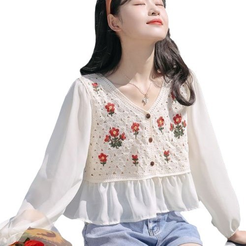 Picture of French Design Sense Striped Crochet Hollow Shirt Autumn New Niche Knitted All-match Puff Sleeve Top Trendy Version